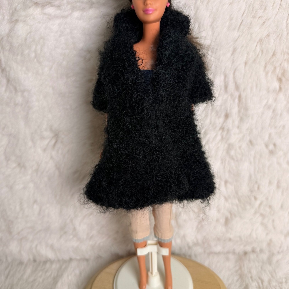 Vintage 1960s Barbie Clone Black Boucle Fuzzy Coat Mohair Look Doll Accessories